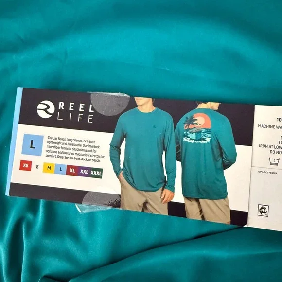 Reel Life Jax Beach UPF50 Tee Mens Large Teal Long Sleeve Graphic Performance - Picture 3 of 16